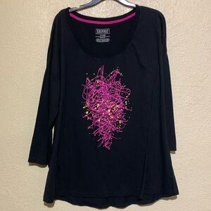 Chihuly Top Blouse XXL Black Purple Pullover Stretchy 3/4 Sleeve Polyester Rayon